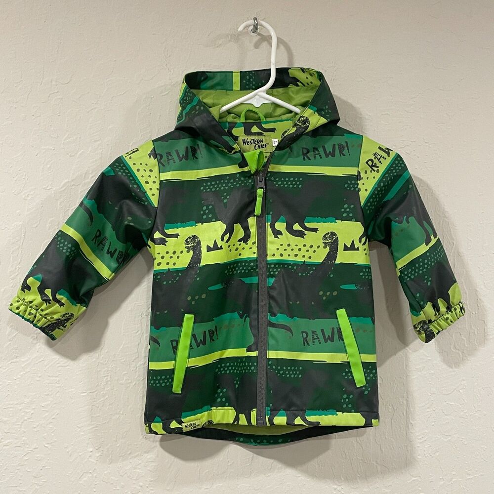 ~ Western Chief 3yr Raincoat Dinosaurs Roar Dinos Green Black Rain Jacket Boy's